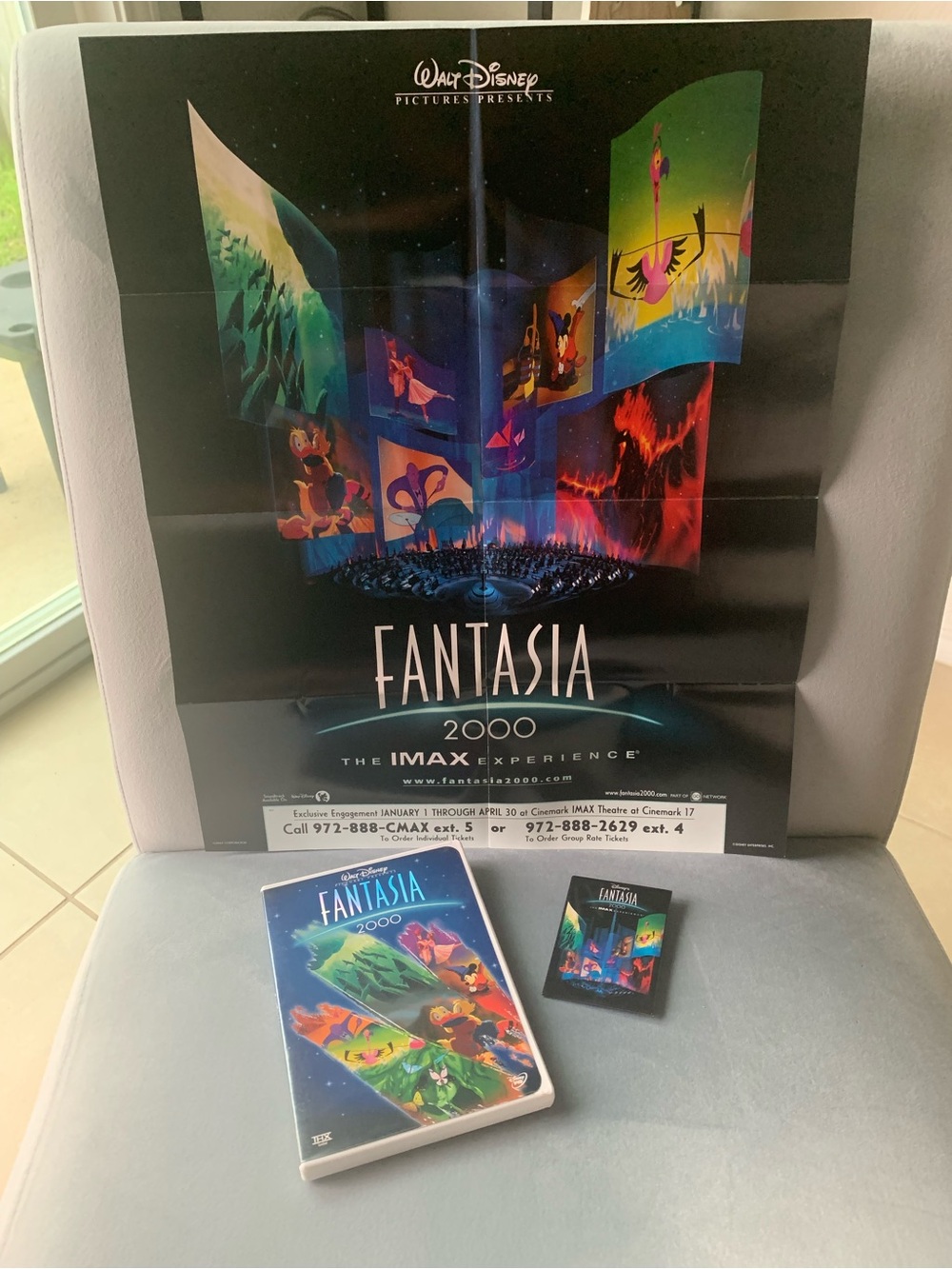 Vintage Walt Disney Fantasia 2000 Collectible Lot - DVD + Promo Poster & Button